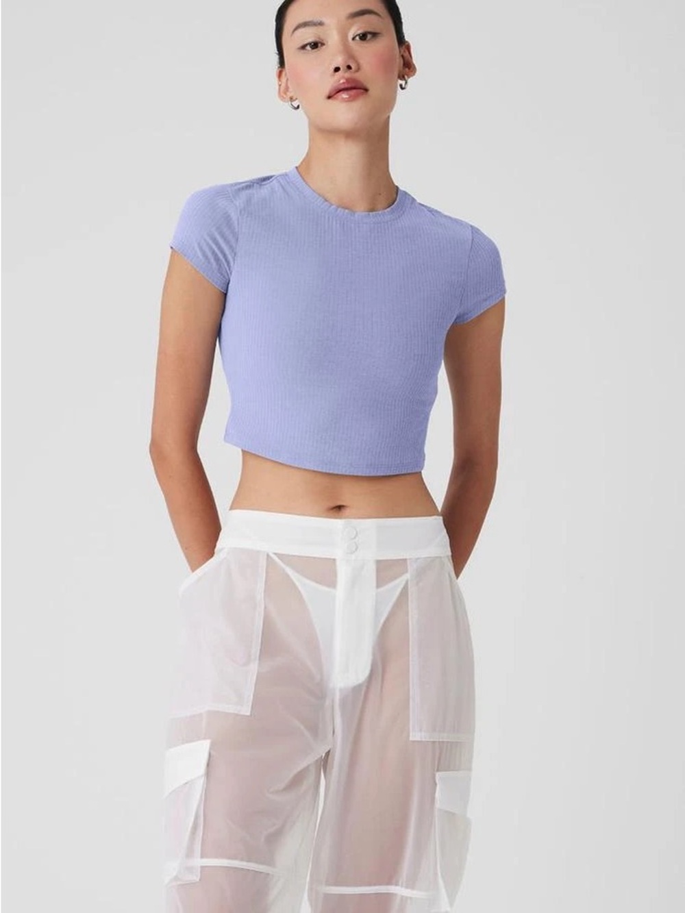 Alo Women’s Ribbed Sea Coast Cropped Short Sleeve Tee - Lilac Blue